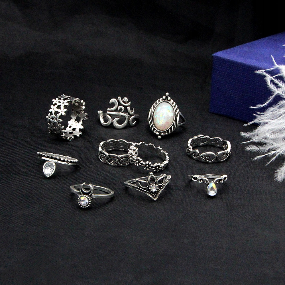 Srebrny zestaw pierścionków retro punk boho 15 - obrazek 12