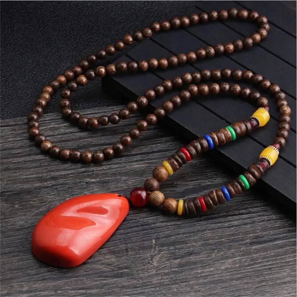 Naszyjnik drewniany nepal buddyjski mala amulet koralik handmade tybetański - obrazek 4