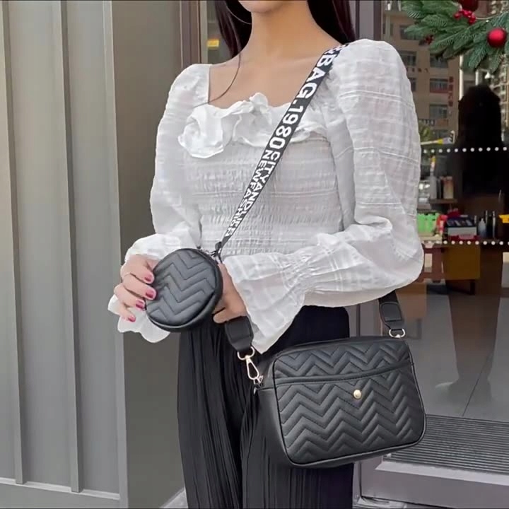 Torebka damska listonoszka czarna eko skóra zestaw 2szt chevron - obrazek 13