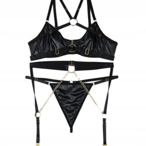 Seksowny komplet bielizny damskiej stanik pasy łańcuszki stringi czarny l - miniatura 3