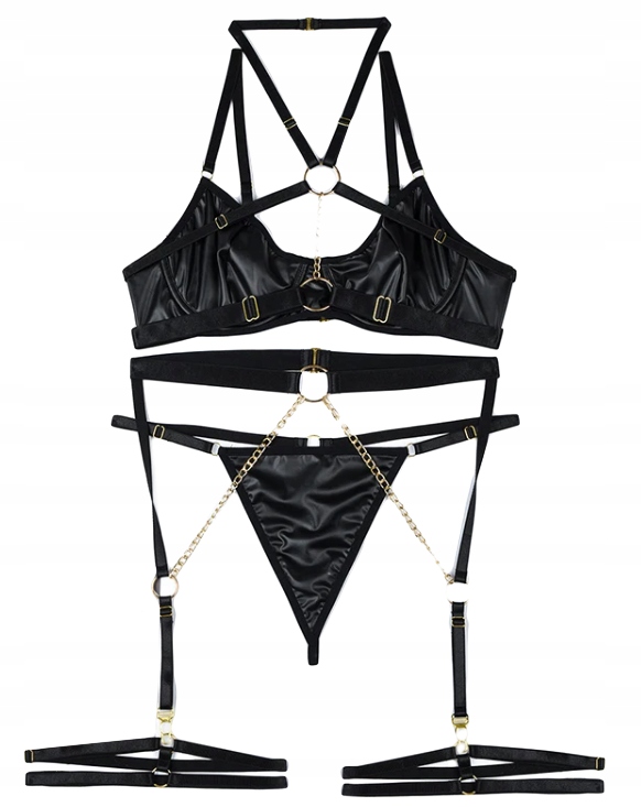 Seksowny komplet bielizny damskiej stanik pasy łańcuszki stringi czarny l - zdjęcie 3