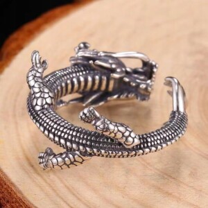 Pierścień obrączka sygnet smok regulowany vintage srebrny metalowy r.uni - miniatura 7