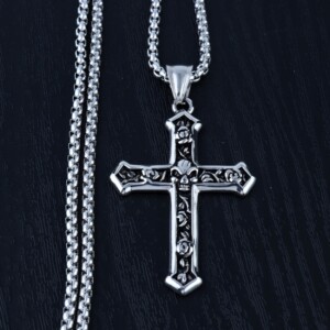 Naszyjnik srebrny łańcuch stal krzyżyk czaszka 363 - miniatura 7