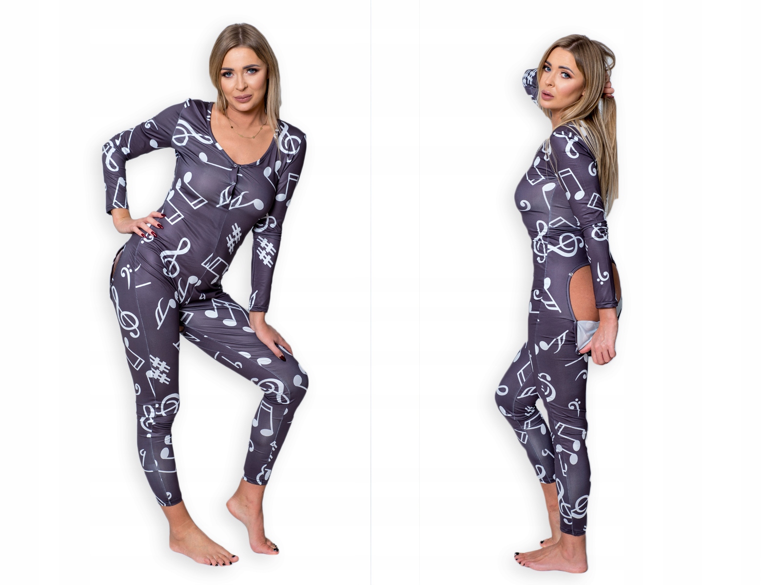 Piżama damska prezent na walentynki dla dziewczyny rozpinana szara nuty m - obrazek 2