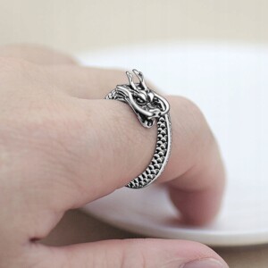 Pierścień obrączka sygnet smok regulowany vintage unisex srebrny metalowy - miniatura 3