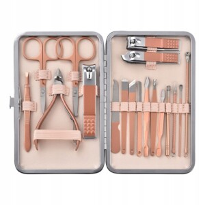 Zestaw do manicure pedicure do twarzy turystyczny 18 elementów różowy etui