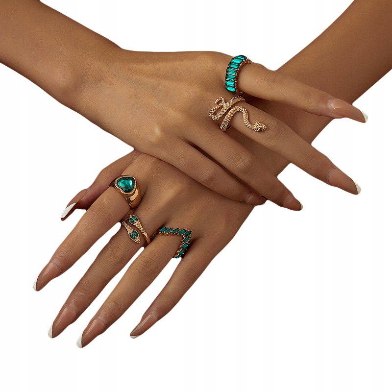 Zestaw złotych pierścionków retro punk vintage 5 sztuk wąż serce zielony - obrazek 2