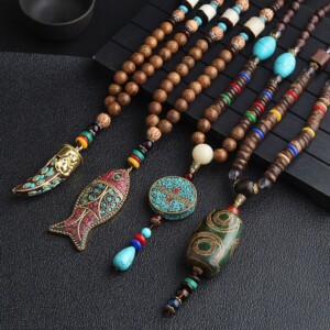 Naszyjnik drewniany nepal buddyjski mala amulet talizman koraliki handmade - miniatura 3