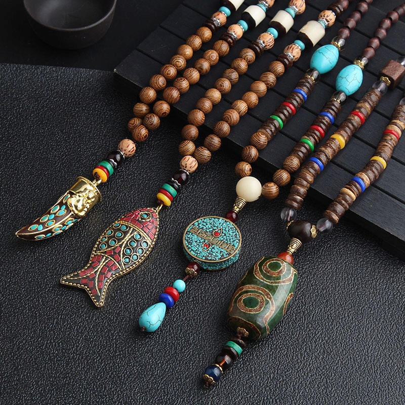 Naszyjnik drewniany nepal buddyjski mala amulet talizman koraliki handmade - obrazek 3
