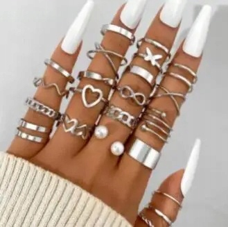 Srebrny zestaw pierścionków retro punk boho piękny 23 pierścionki 14-18 mm - zdjęcie 4