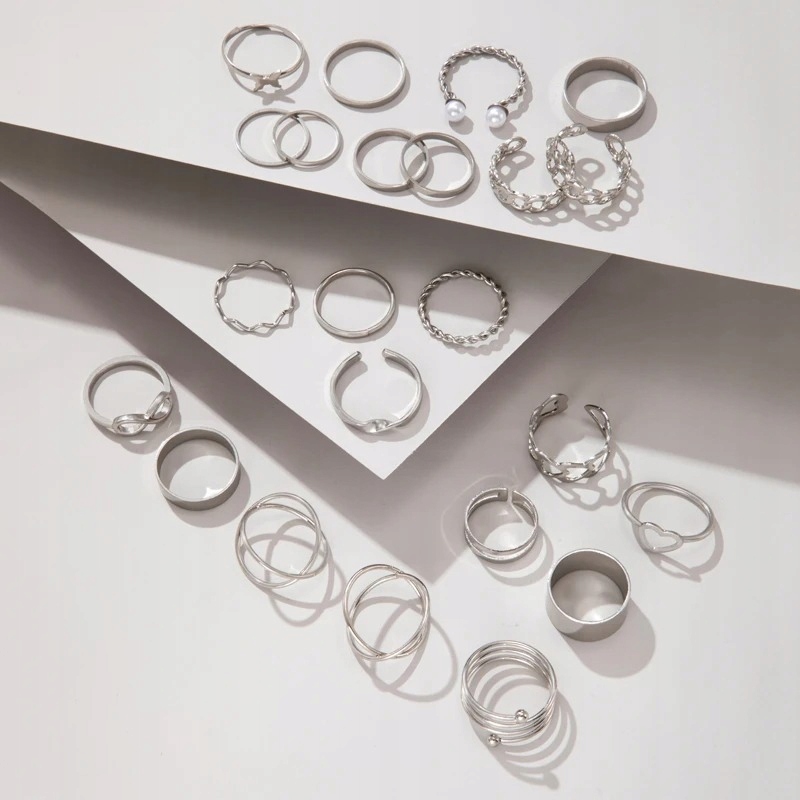 Srebrny zestaw pierścionków retro punk boho piękny 23 pierścionki 14-18 mm - zdjęcie 3