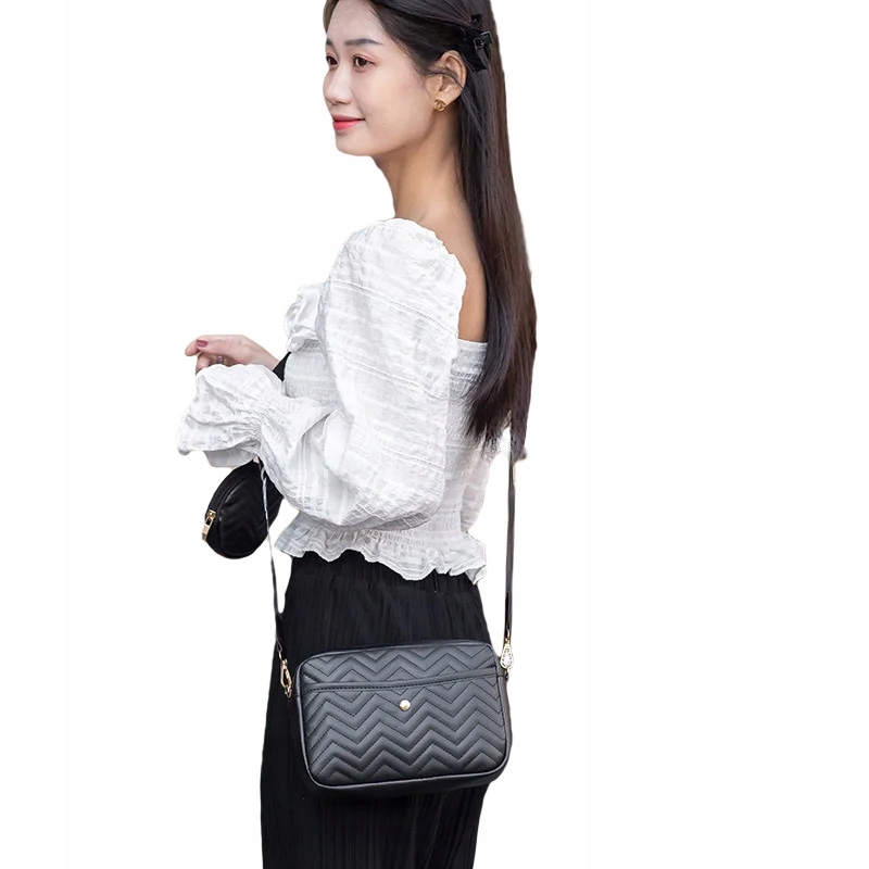 Torebka damska listonoszka czarna eko skóra zestaw 2szt chevron - obrazek 7