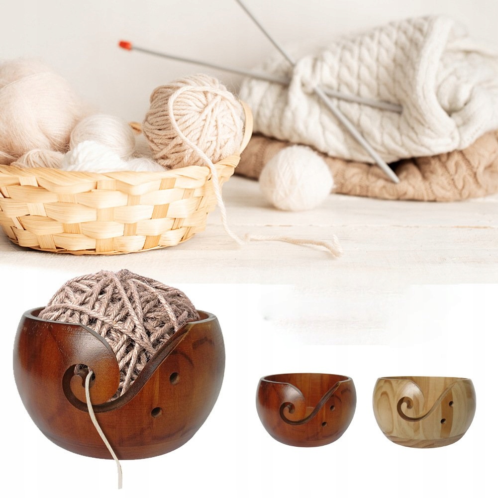 Drewniana miska na włóczkę wełny do szydełkowania ozdobna jasna 15x8 cm - obrazek 13