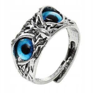 Srebrny pierścionek sowa regulowany oczy niebieski