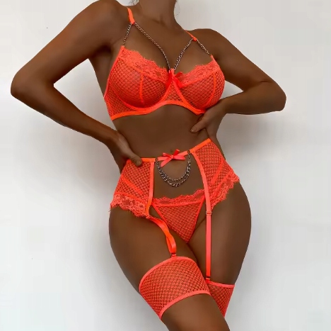 Piękny komplet bielizny damskiej stanik stringi pasy podwiązki pomarańcz l - zdjęcie 6