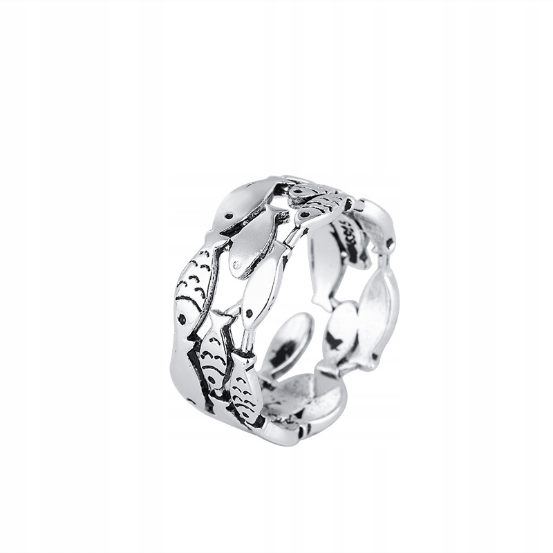 Srebrny damski pierścionek regulowany uniwersalny modny sygnet ryby