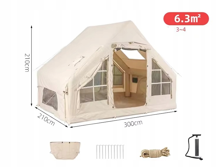 Duży namiot kempingowy pompowany 4 osobowy dmuchany pompka 6.3m2 300x210cm - zdjęcie 2