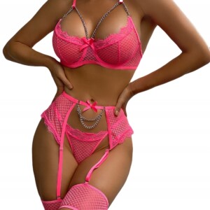 Piękny komplet bielizny damskiej stanik stringi pasy łańcuszki różowy l - miniatura 1