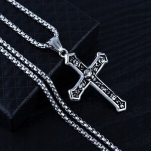 Naszyjnik srebrny łańcuch stal krzyżyk czaszka 363 - miniatura 4