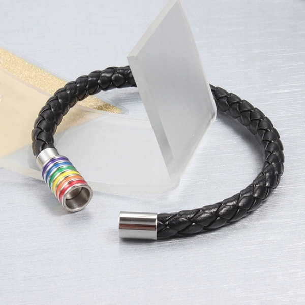 Bransoletka opaska tęczowa tęcza lgbt skórzana czarna unisex - obrazek 6
