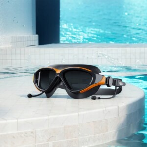 Okulary pływackie gogle do pływania wbudowane zatyczki do uszu czarne uv - miniatura 6