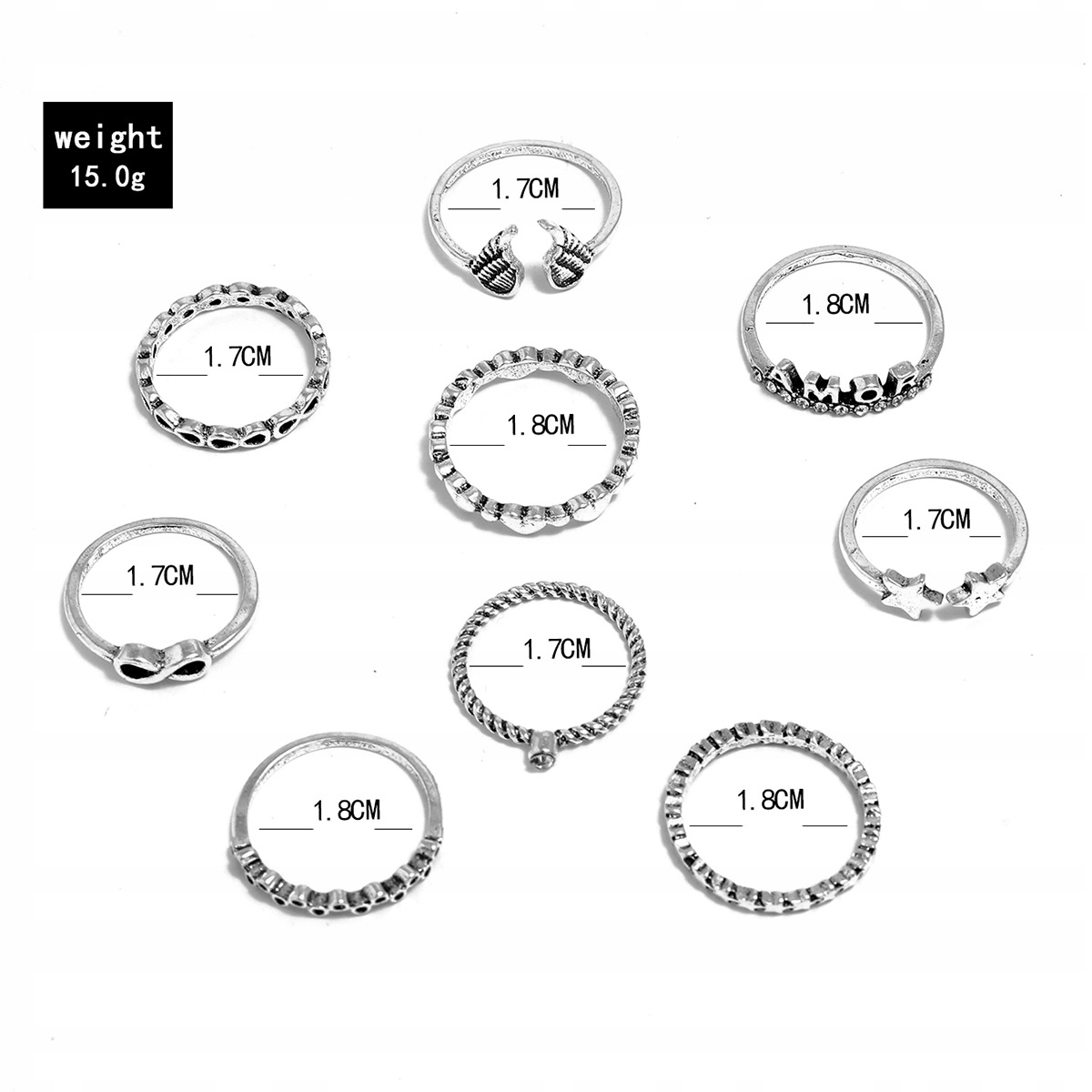 Srebrny zestaw pierścionków retro punk boho 90 - obrazek 6