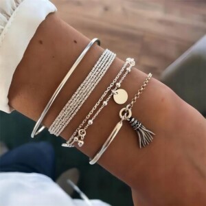 Zestaw bransoletek boho retro punk charms bangle srebrne 4 sztuki komplet - miniatura 5