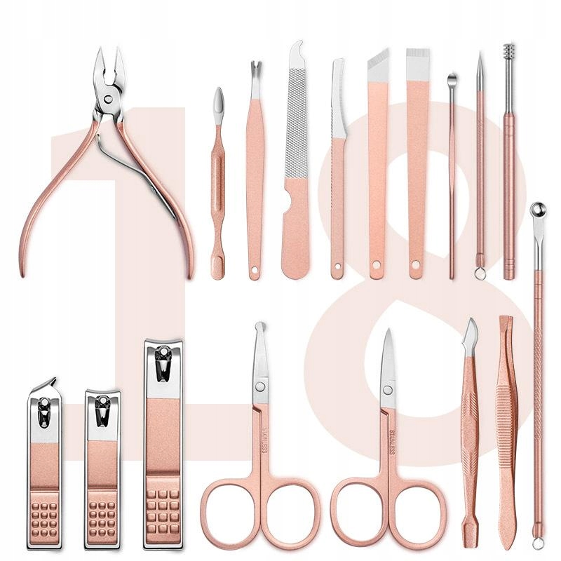 Zestaw do manicure pedicure do twarzy turystyczny 18 elementów różowy etui - zdjęcie 3