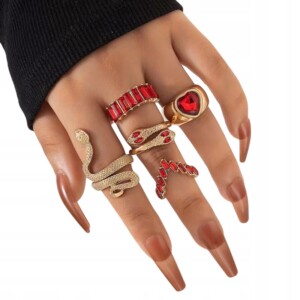 Złoty zestaw pierścionków retro punk vintage 5 pierścionków węże czerwony - miniatura 1