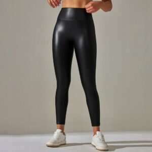 Legginsy push up wysoki stan modelujące ekoskóra elastyczne damskie czarne - miniatura 9