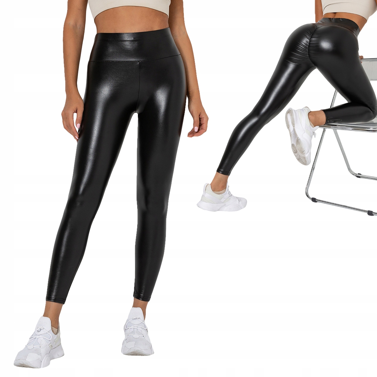 Legginsy modne wysoki stan modelujące eko skóra z marszczeniem czarne r.m - zdjęcie 3