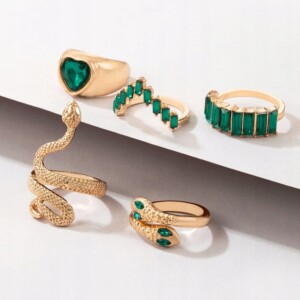 Zestaw złotych pierścionków retro punk vintage 5 sztuk wąż serce zielony - miniatura 4