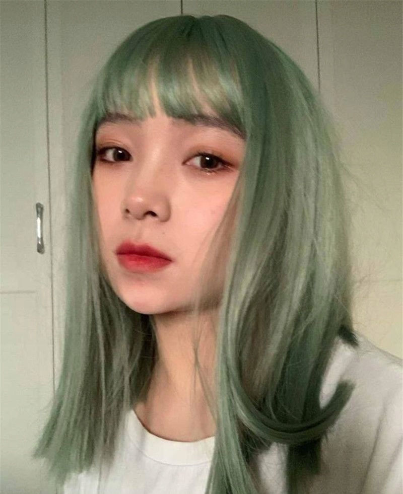 Kolorowa peruka zielone włosy długa miętowa proste grzywka - obrazek 4