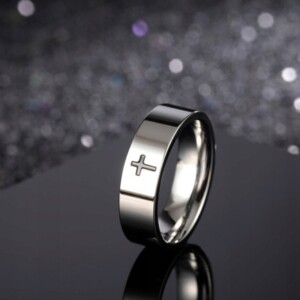 Obrączka pierścień sygnet srebrny stal krzyżyk 242 - miniatura 4