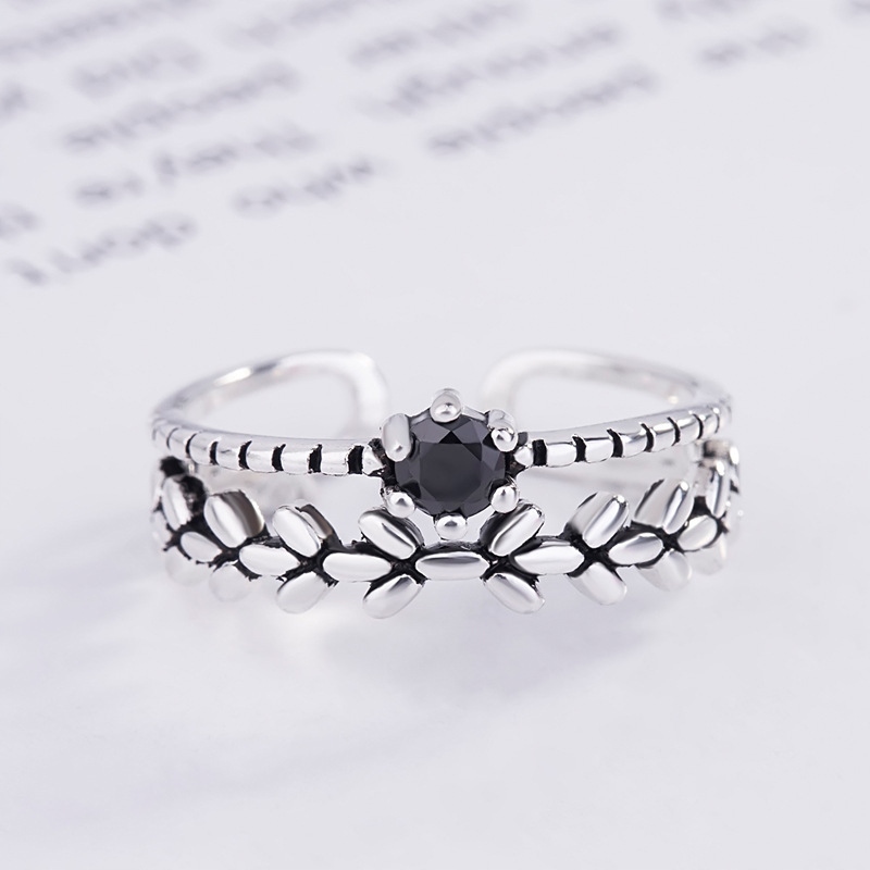 Srebrny damski pierścionek regulowany uniwersalny prezent czarna cyrkonia - obrazek 7