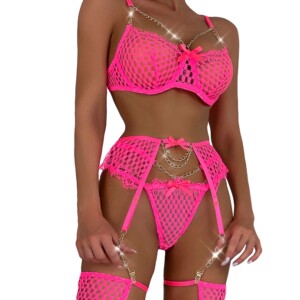 Piękny komplet bielizny damskiej stanik stringi pasy łańcuszki różowy l - miniatura 2
