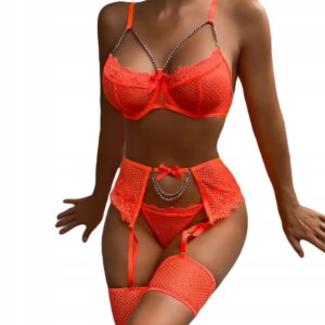 Piękny komplet bielizny damskiej stanik stringi pasy podwiązki pomarańcz l - miniatura 4