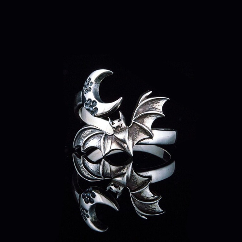 Srebrny damski pierścionek regulowany uniwersalny nietoperz i księżyc - obrazek 4