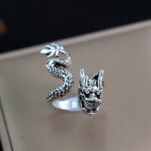 Pierścień obrączka sygnet smok regulowany vintage męski srebrny metalowy - miniatura 2