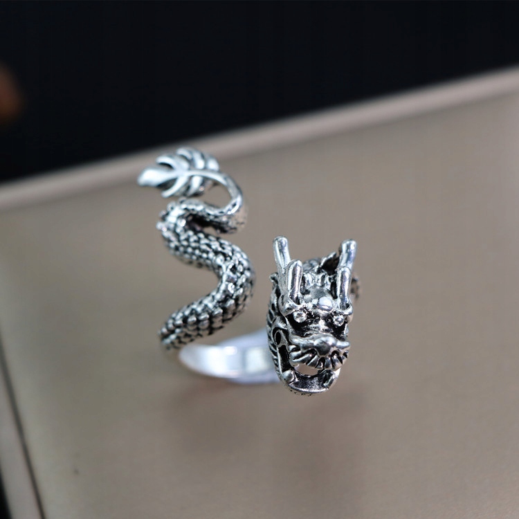 Pierścień obrączka sygnet smok regulowany vintage męski srebrny metalowy - zdjęcie 2