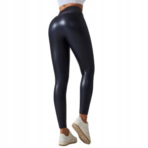 Legginsy push up wysoki stan modelujące ekoskóra elastyczne damskie czarne - miniatura 4