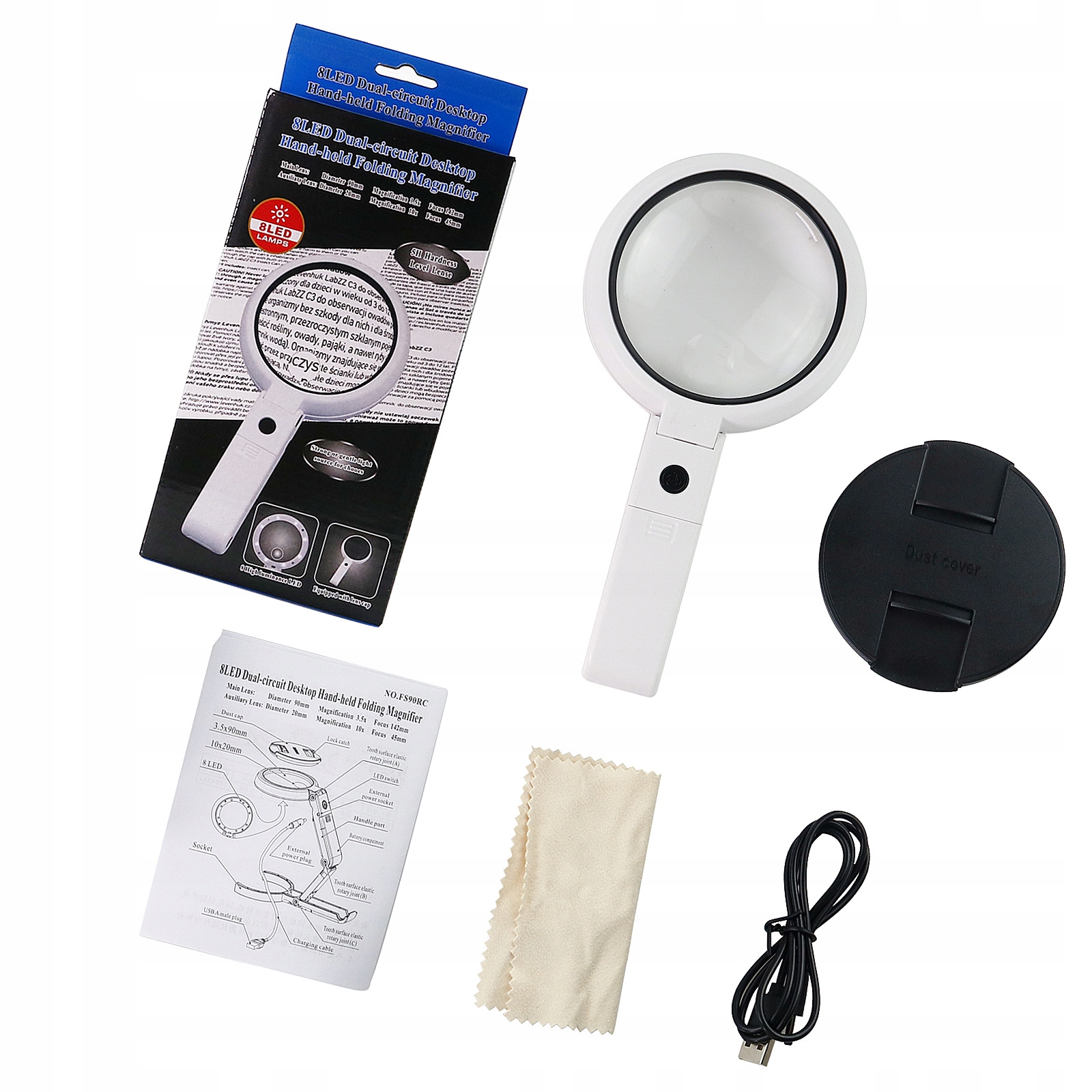 Lupa szkło powiększające 8x led stojak zasilanie usb/baterie 11x lampka - obrazek 2