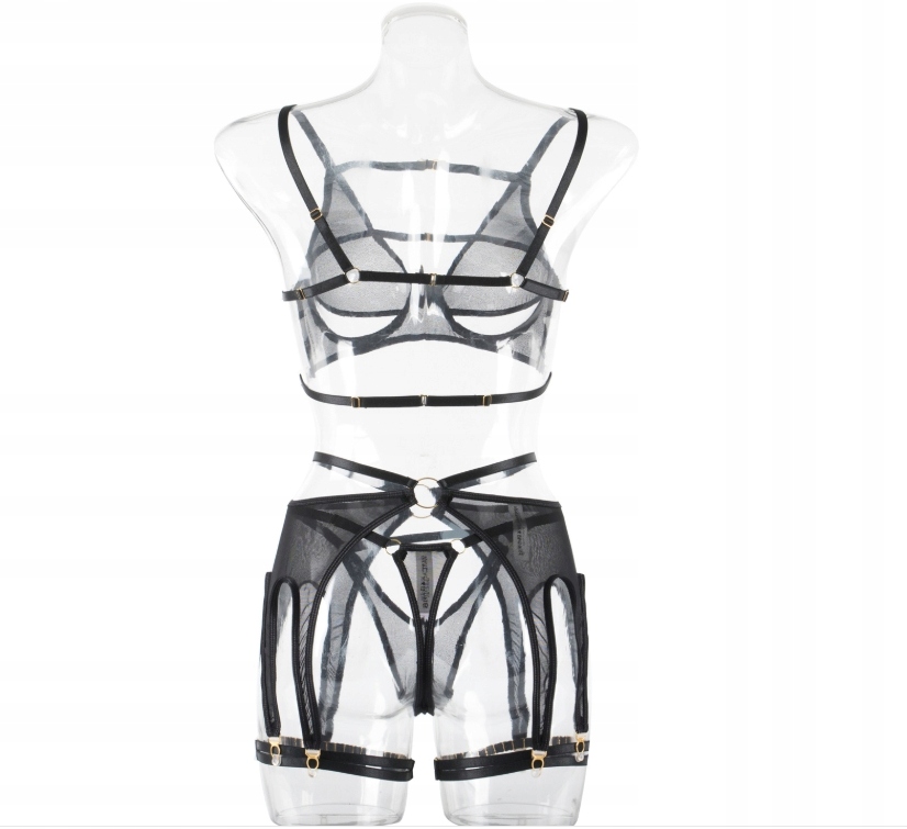 Seksowny komplet bielizny damskiej sexy stanik stringi czarny zmysłowy r.l - zdjęcie 6