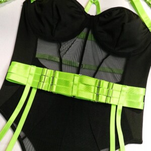 Seksowny komplet bielizny damskiej pasy choker stanik figi fluo zielony m - miniatura 6