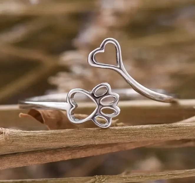 Srebrny damski pierścionek regulowany uniwersalny łapka serce prezent pies - obrazek 2