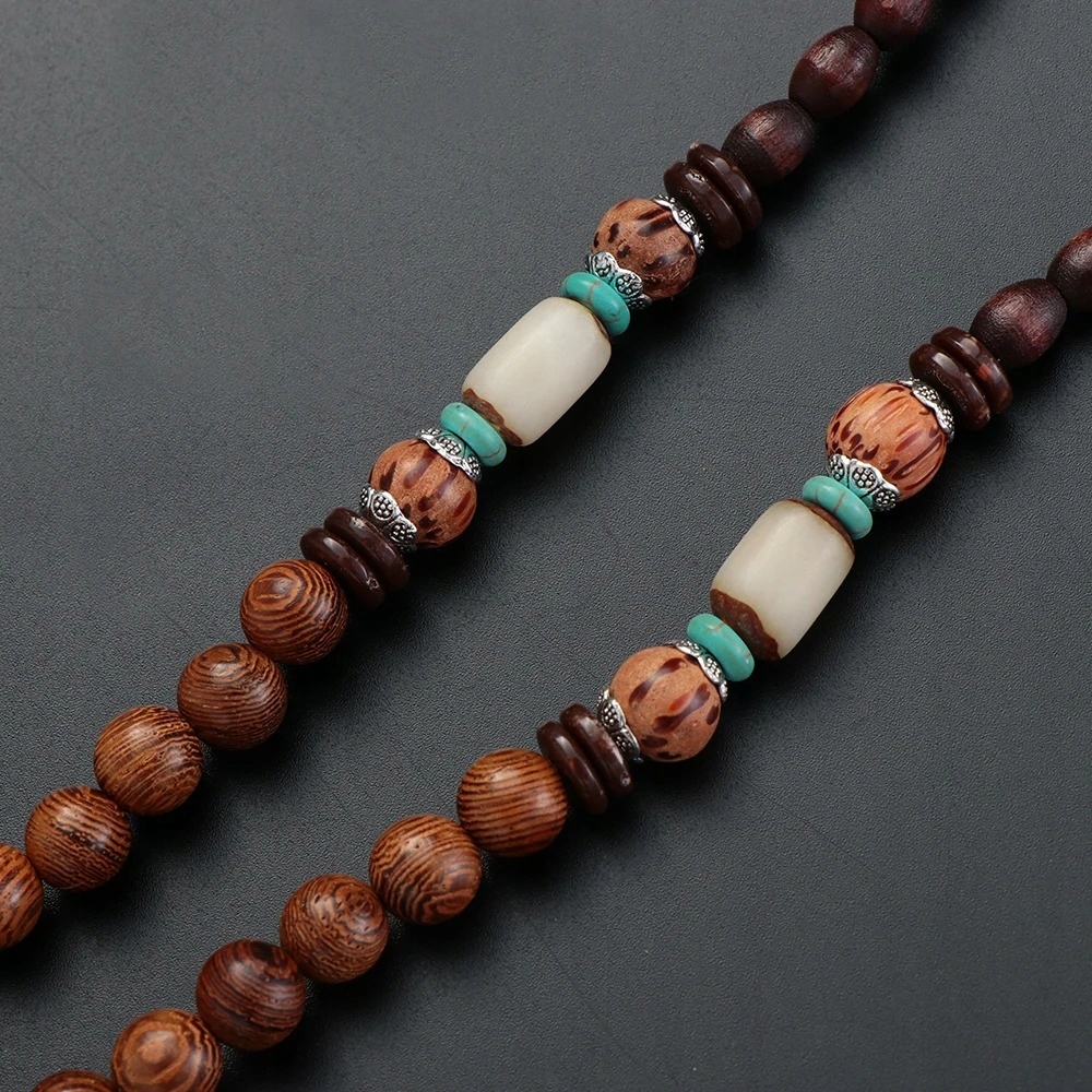 Naszyjnik drewniany nepal buddyjski mala amulet talizman koraliki handmade - obrazek 4