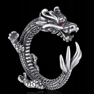 Pierścień obrączka sygnet smok regulowany vintage srebrny metalowy r.uni - miniatura 9