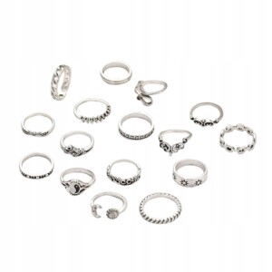 Zestaw srebrnych pierścionków retro punk vintage 16 sztuk casual komplet - miniatura 3