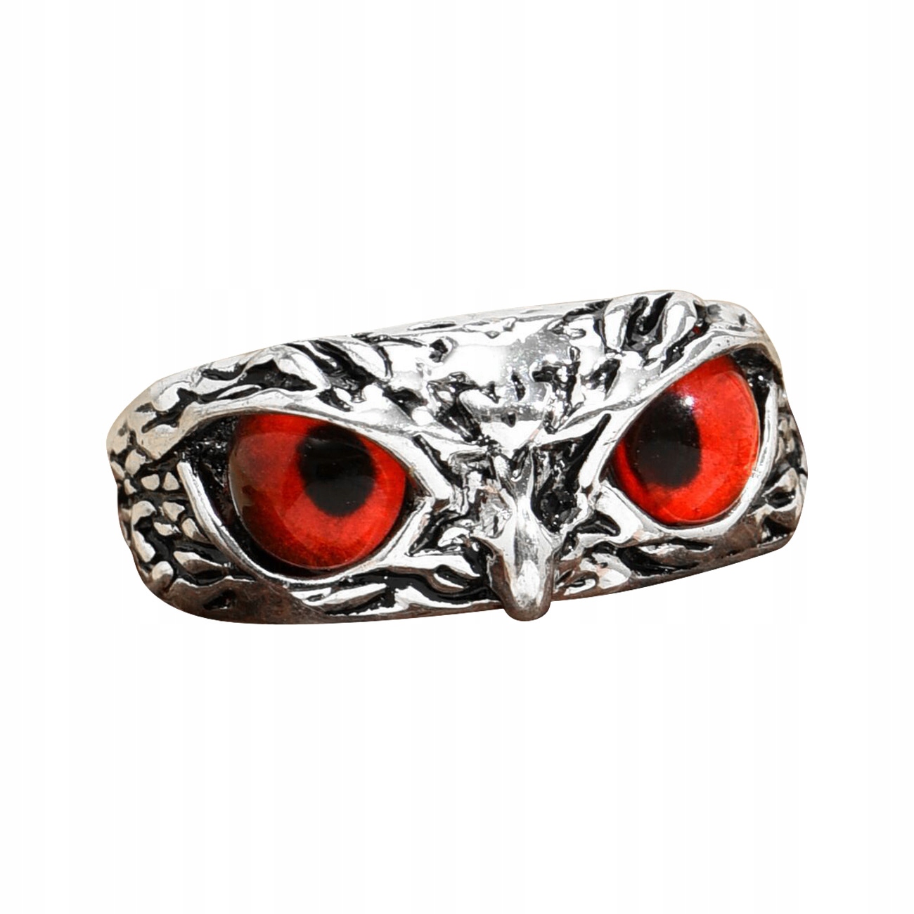 Srebrny pierścionek sowa regulowany oczy czerwony