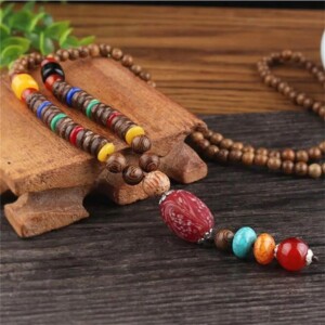 Naszyjnik drewniany nepal buddyjski mala amulet koraliki handmade tybet - miniatura 2